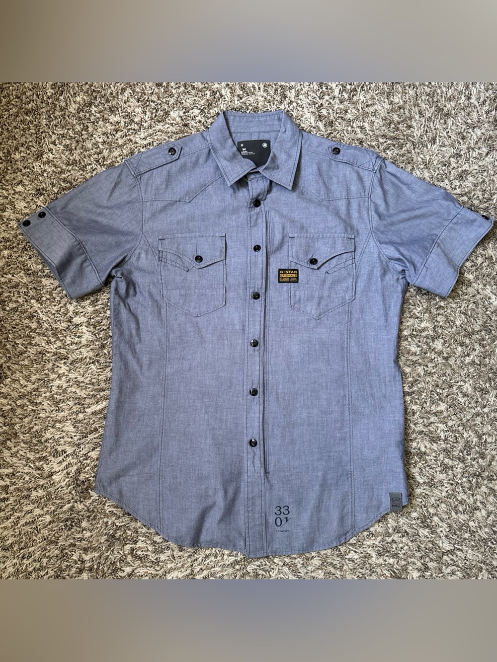 G-Star Short Sleeve Button-Down Shirt in Heather Blue